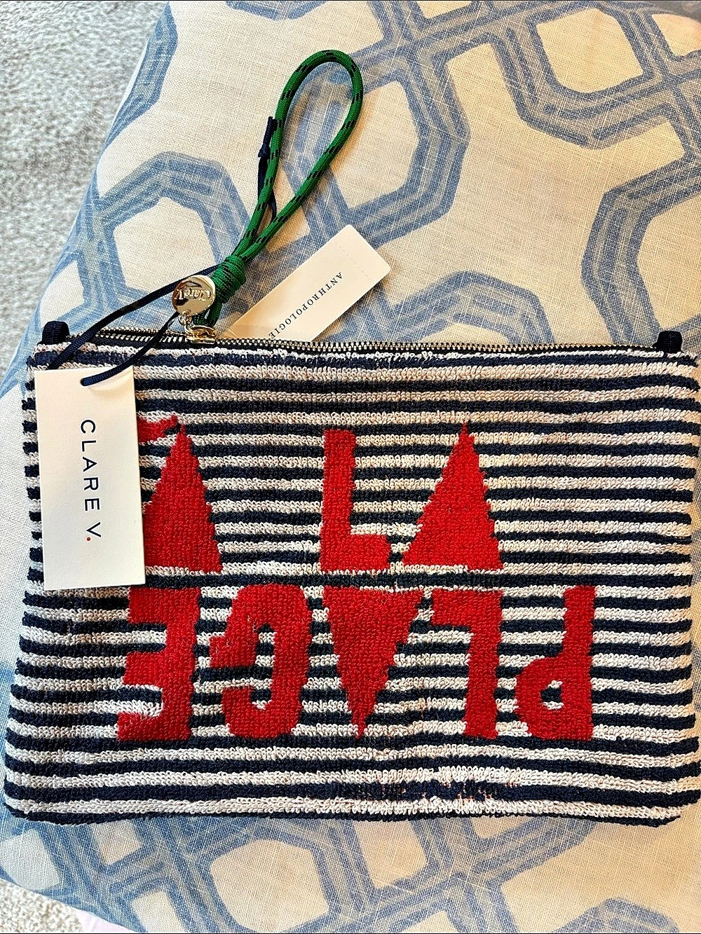 Clare V. A La Plage Flat Clutch. Striped Terry Cloth Clutch in Blue & Red NWT